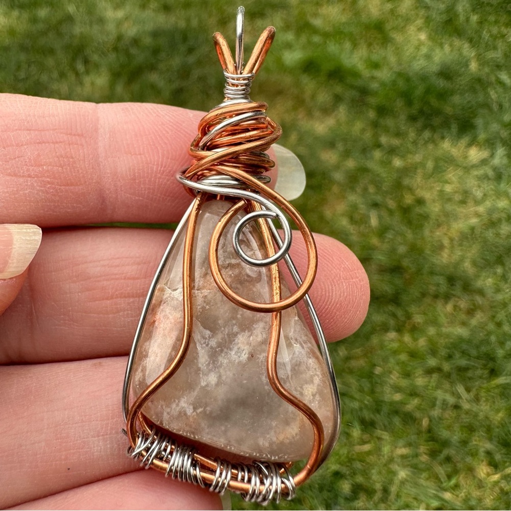 Handmade Beach stone Wire Wrapped Pendant Stainless Steel and Copper Mixed Metal